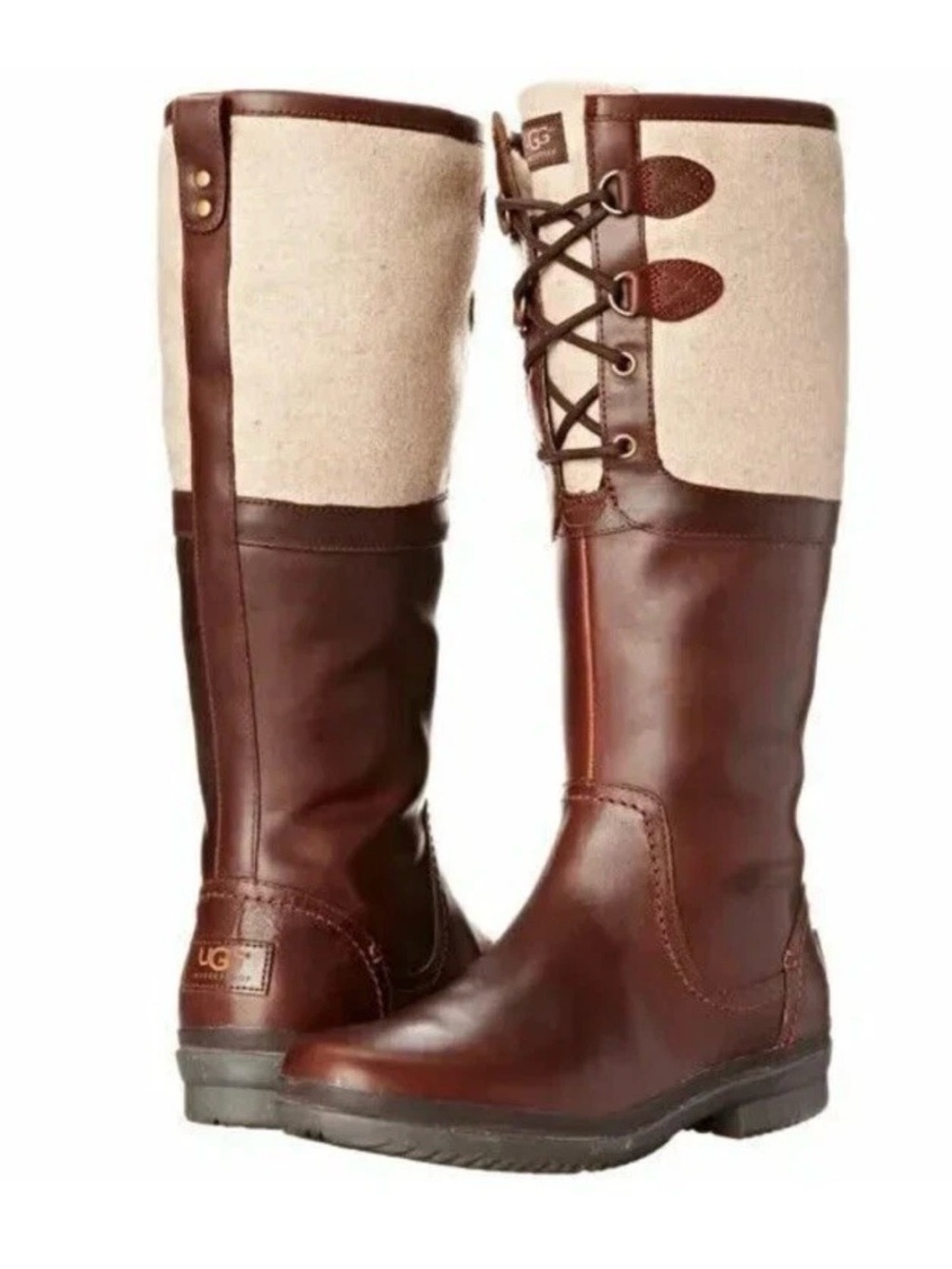 UGG Elsa Leather Tall Knee High Lace-Up Leather Wool Boots Chestnut Waterproof